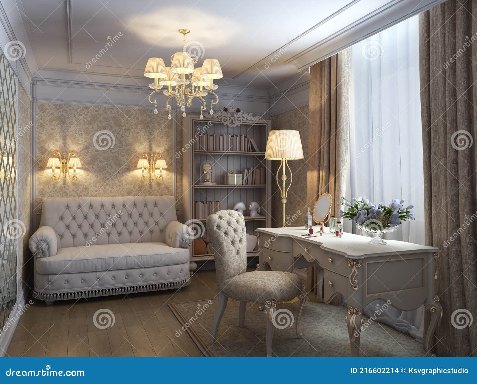 A Luxurious Guest Bedroom in a Classic Style with Beige Wallpaper, Classic  Furniture, White Molding, Chandelier, Wall Lights and a Stock Illustration  - Illustration of carpet, curtains: 216602214