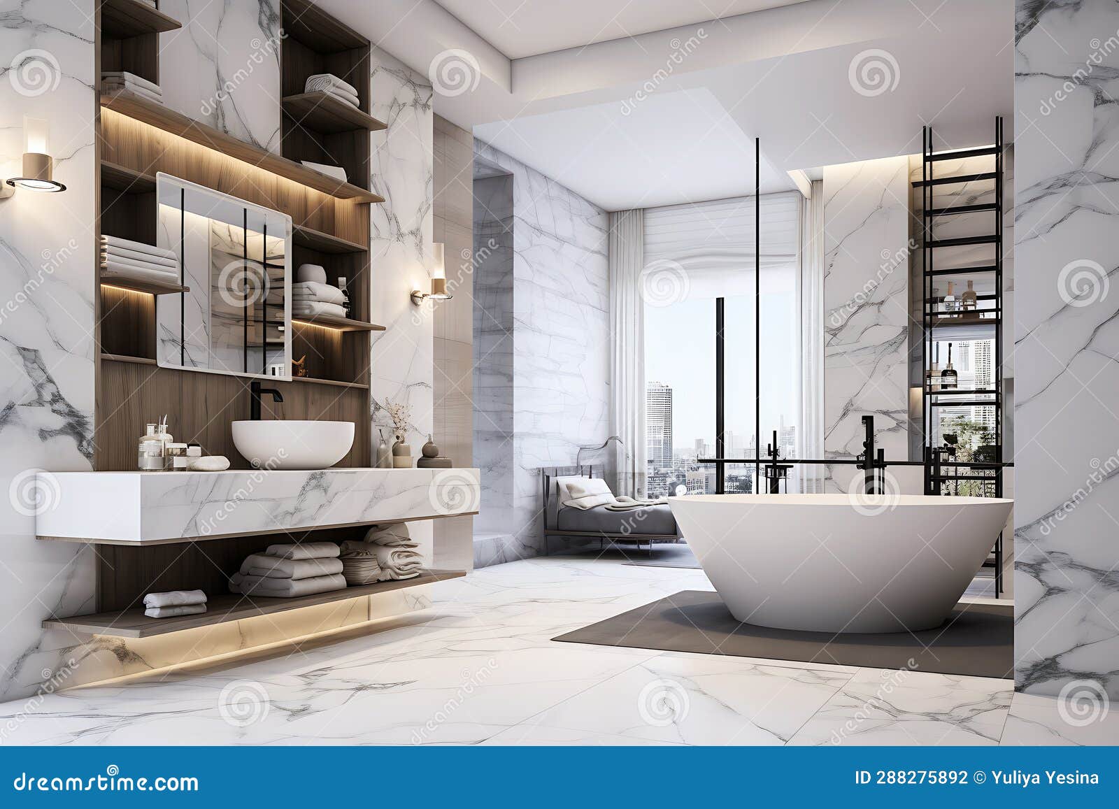 Luxurious Interior of a White Bathroom Connected To the Bedroom. Stock ...