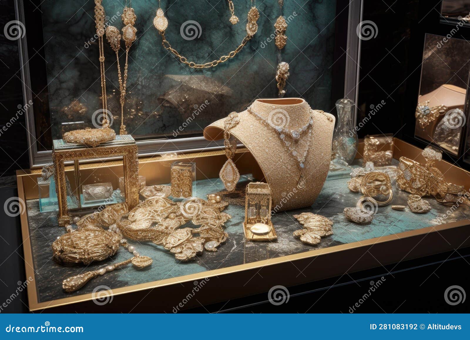 Luxurious Jewelry Display with Sparkling Gems and Intricate Designs 