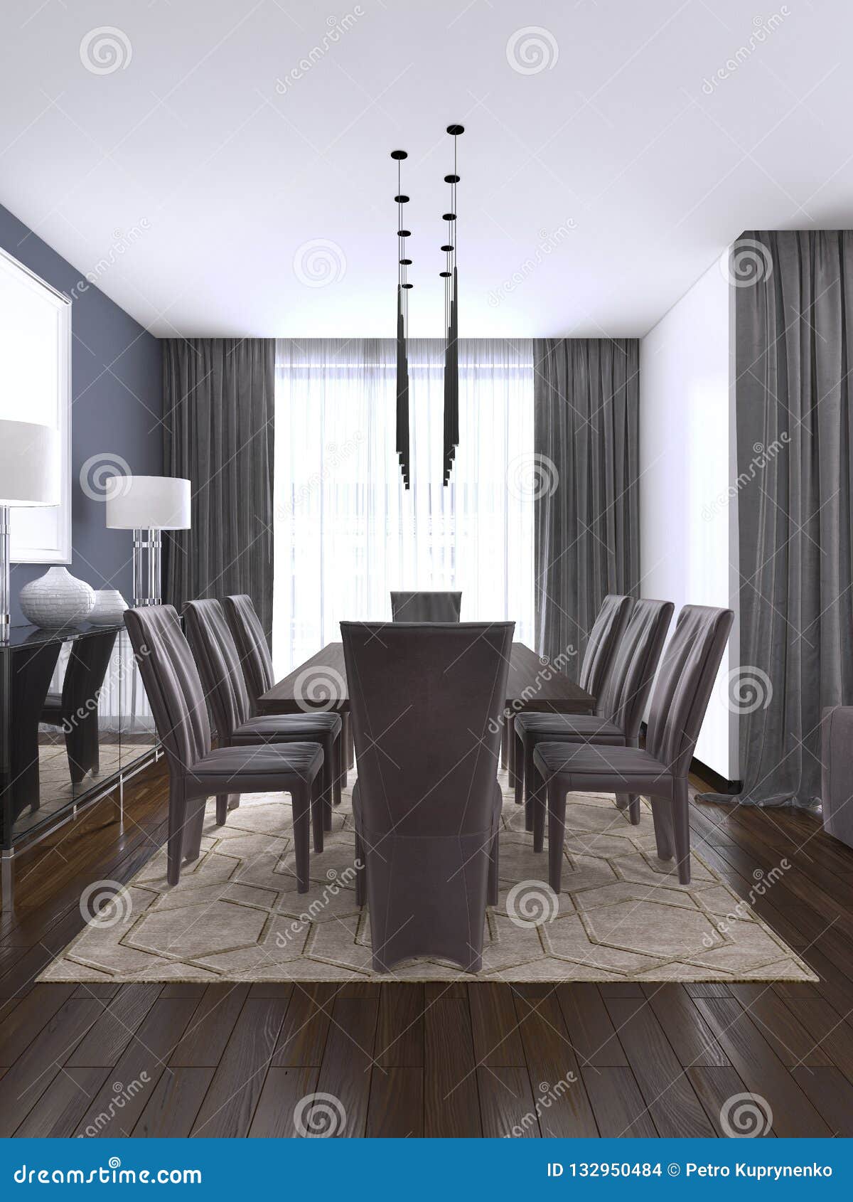 Luxurious Modern Dining Room Boasts A Wood Dining Table Illuminated By A Pendant Lights And Surrounded By Brown Leather Dining Stock Illustration Illustration Of Meeting Interior 132950484