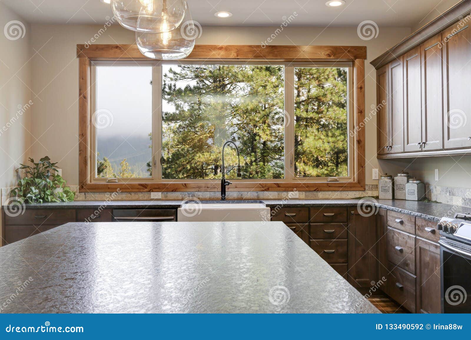 Luxurious Open Plan Kitchen Design With Large Center Island Stock Photo Image Of Renovated