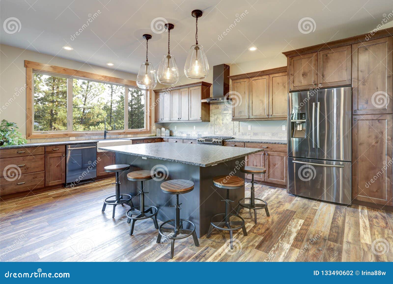 Luxurious Open Plan Kitchen Design With Large Center Island Stock Photo Image Of Hardwood