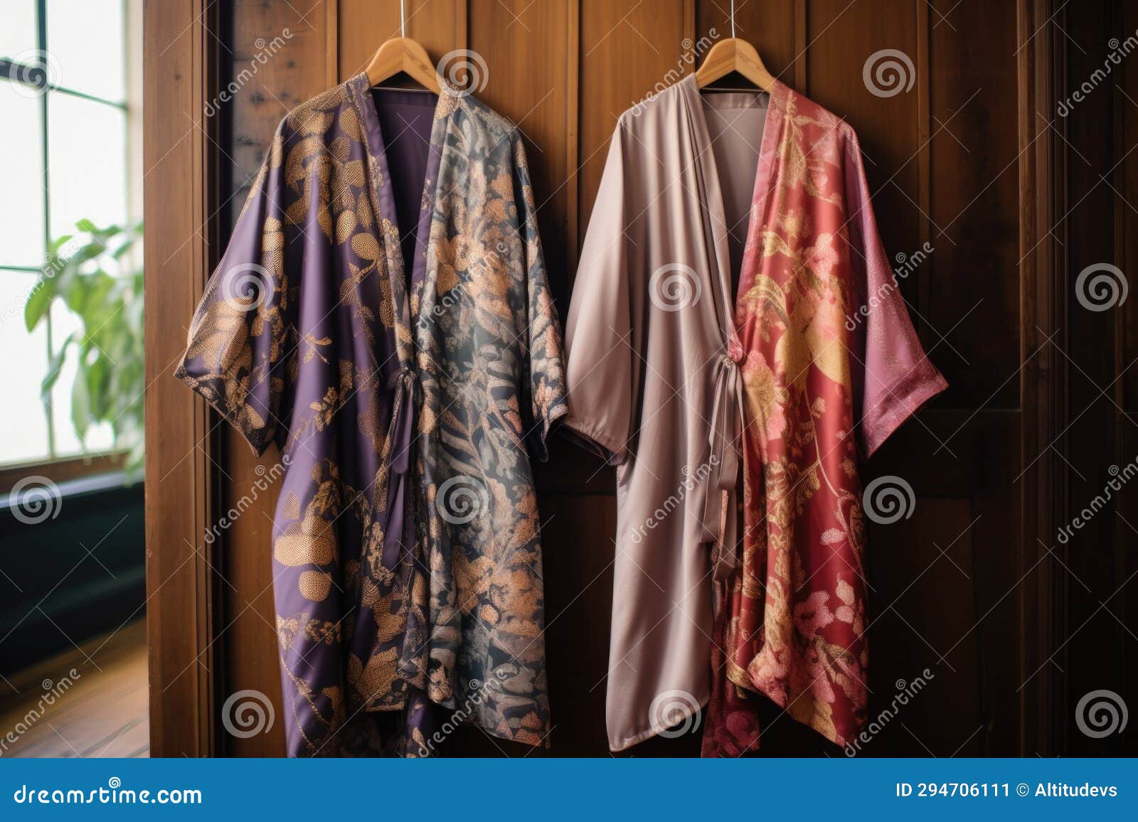 Luxurious Patterned Silk Robes Hanging Side by Side Stock Illustration