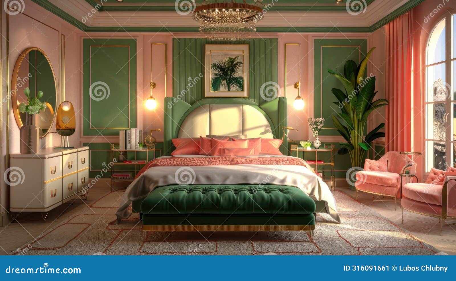 Luxurious Pink and Green Bedroom Interior Design Stock Illustration