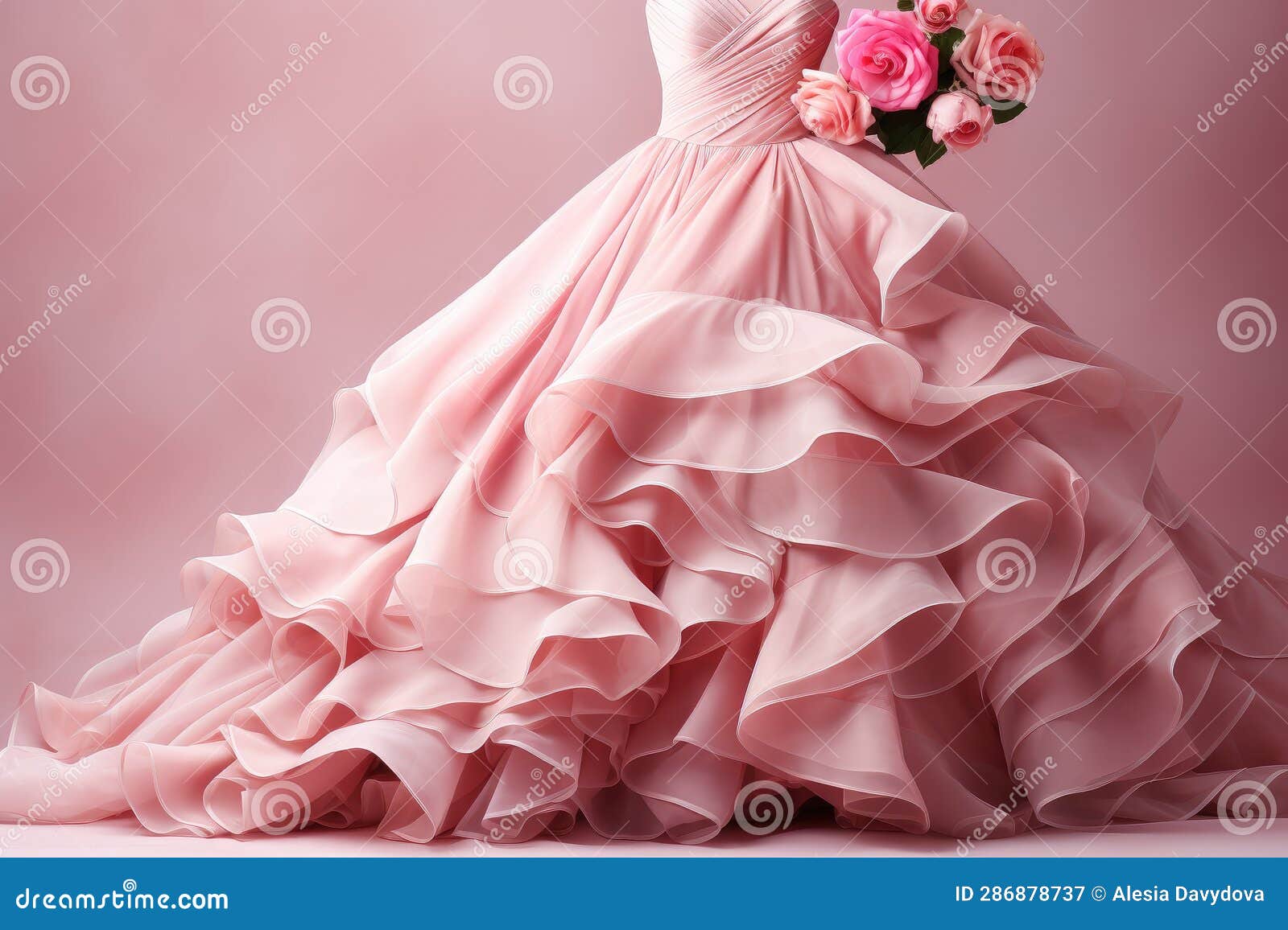 Luxurious Pink Wedding Dress and a Bouquet of Roses. Wedding Boutique ...