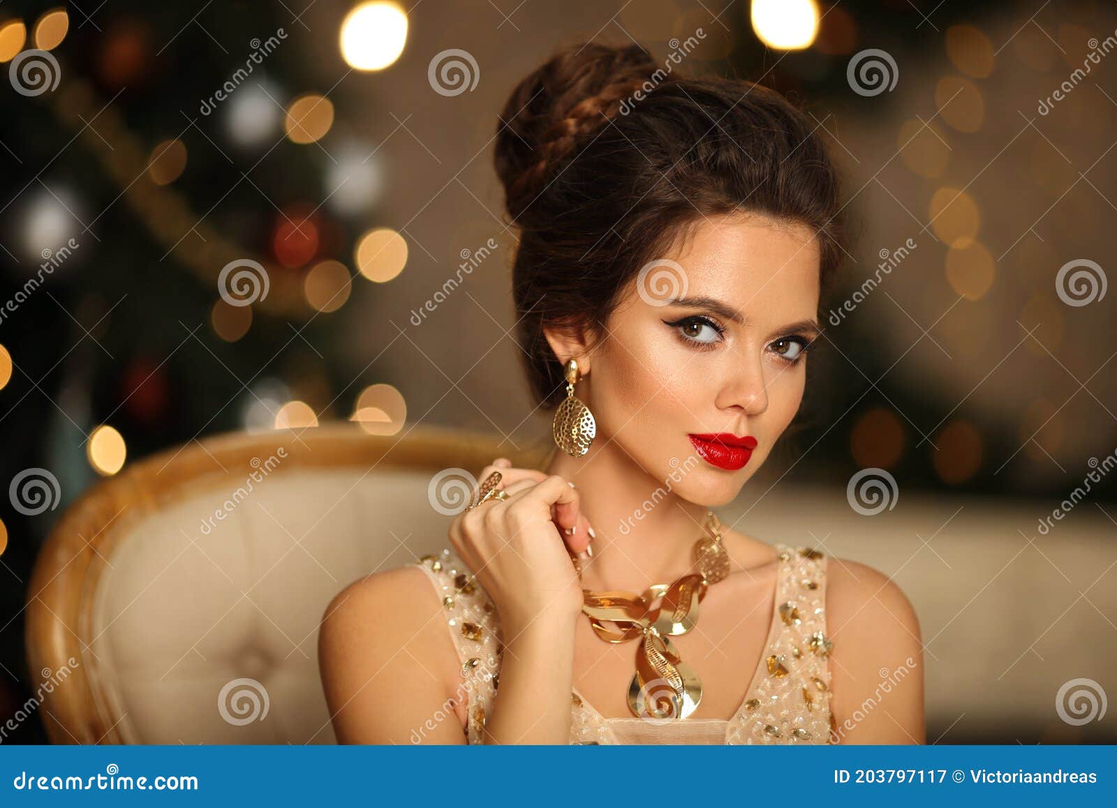 Luxurious Portrait of Elegant Woman with Wedding Hairstyle and Makeup. Beautiful Brunette Girl with Golden Jewelry in Prom Dress Stock Image - Image of interior, hairstyle: 203797117 Luxurious Portrait of Elegant Woman with Wedding Hairstyle and Makeup. Beautiful Brunette Girl with Golden Jewelry in Prom Dress Stock Image - Image of interior, hairstyle: 203797117