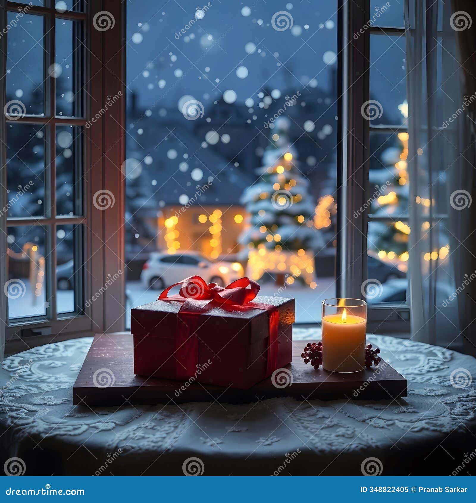 a warm holiday glow by snowy evening