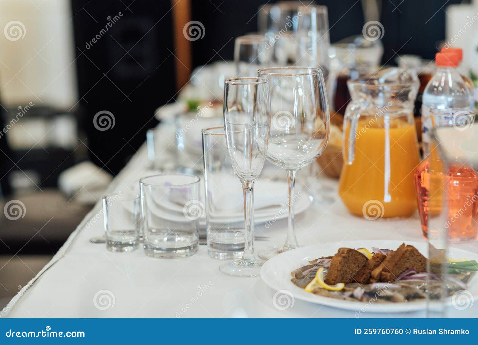 Luxurious Restaurant. Luxurious Interior, White Tables, Serving Dishes