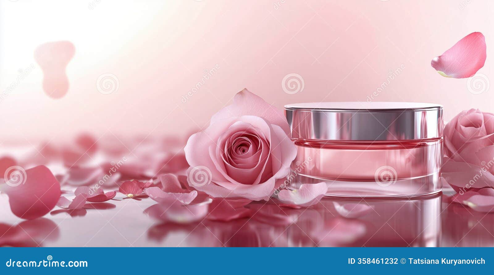 luxurious rose-infused skincare cream jar surrounded by delicate pink rose petals and blossoms, creating a serene beauty