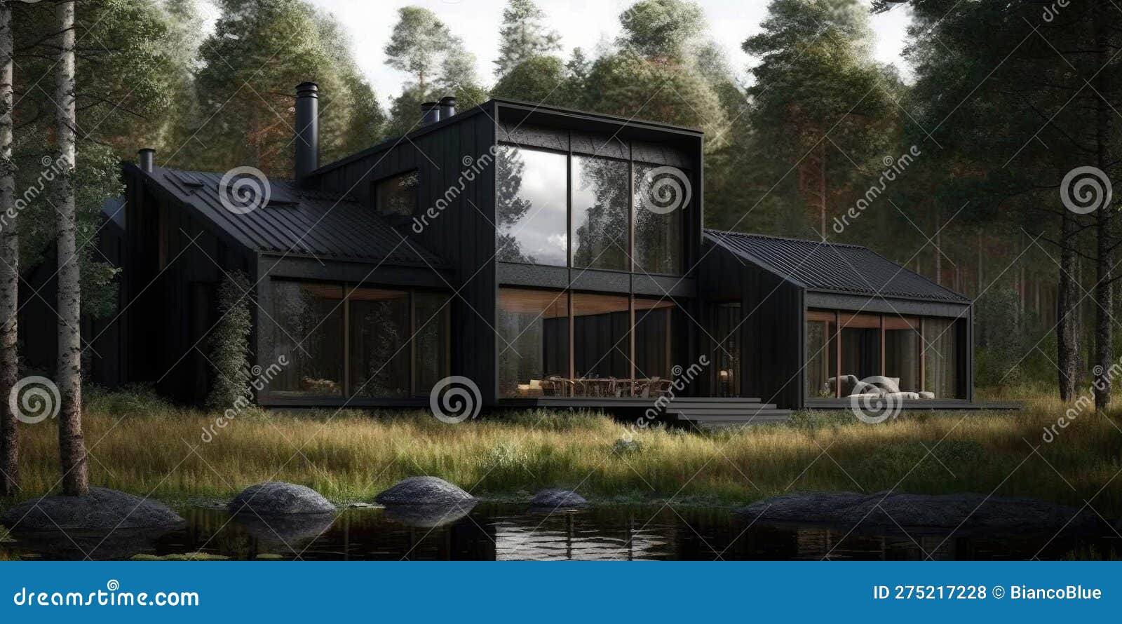 luxurious scandinavian nordic home in the forest in evening scene