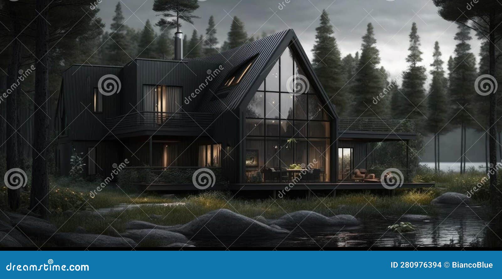 luxurious scandinavian nordic home in the forest in evening scene