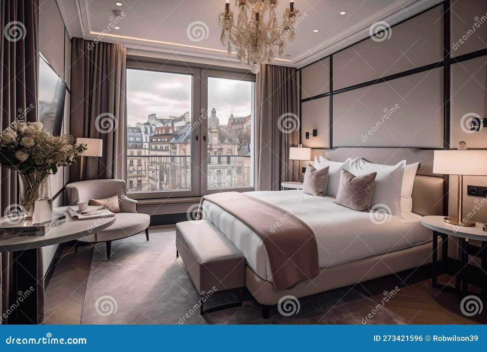 a luxurious 5-star hotel room in europe with high-quality furnishings and a view of the city, generative ai