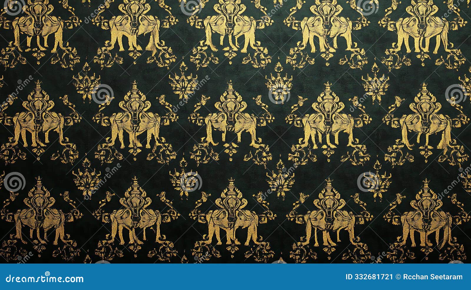 a luxurious thai-inspired wallpaper featuring a repeating pattern of elephants and temple motifs, intricately detailed in gold and