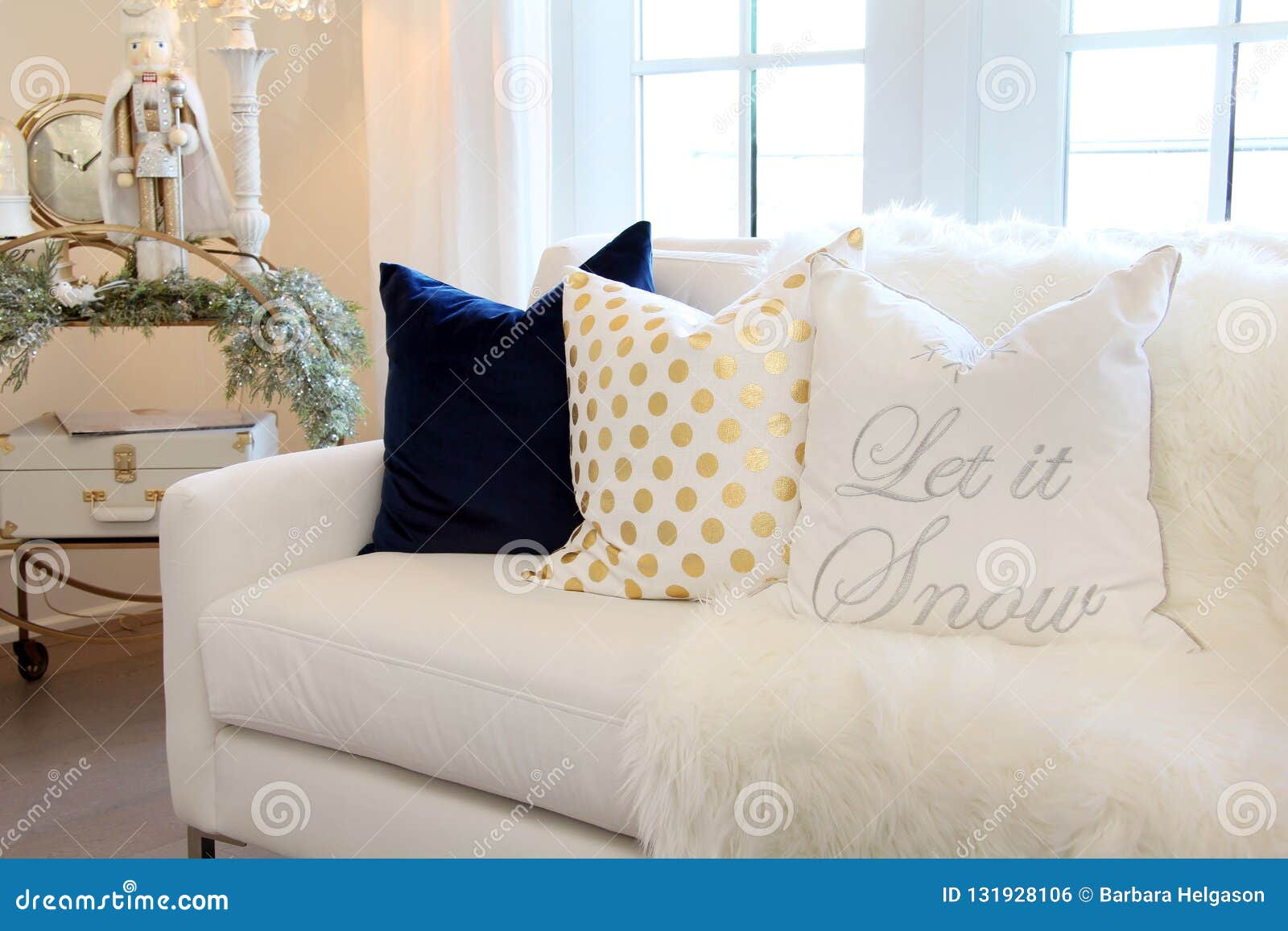 White Sofa with Christmas Cushion Stock Photo Image of decor, interior 131928106