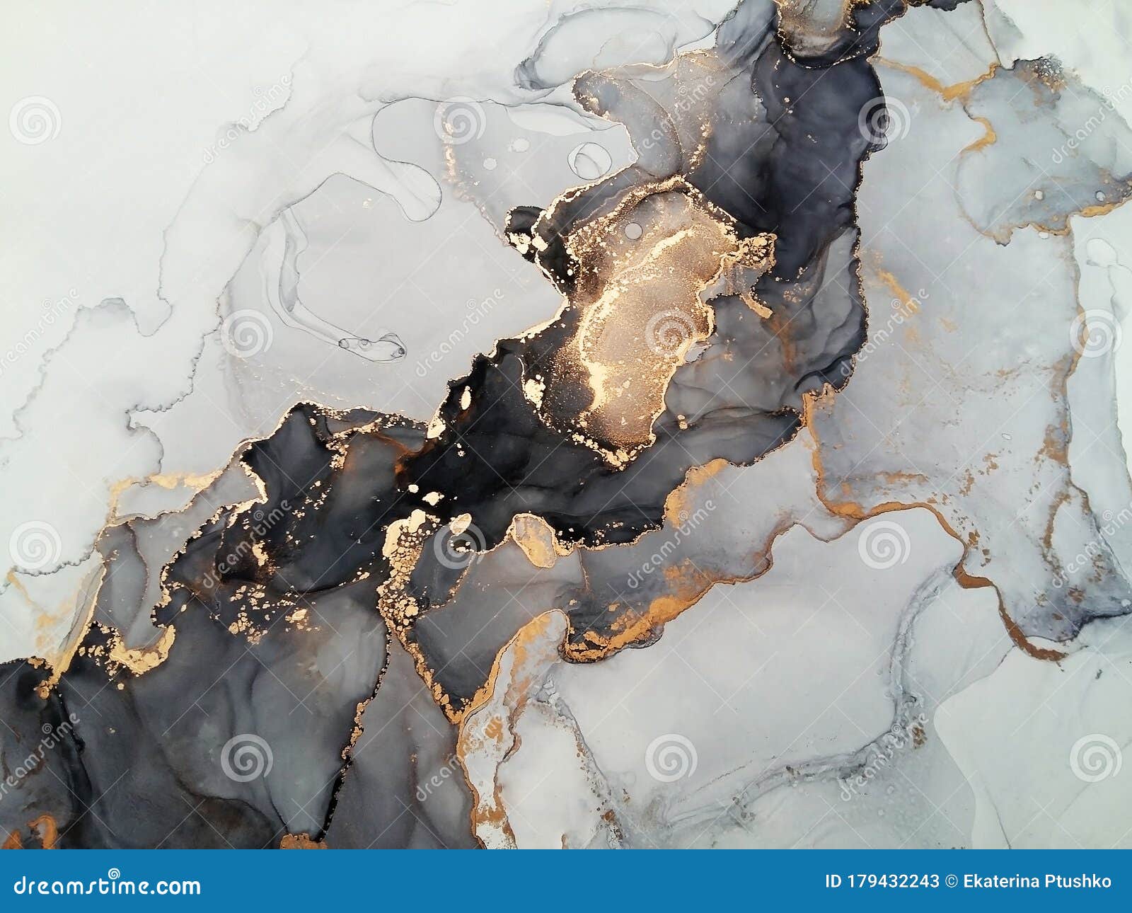 luxury abstract fluid art painting background alcohol ink technique black shades of gray and gold. rough edges of paint flow out
