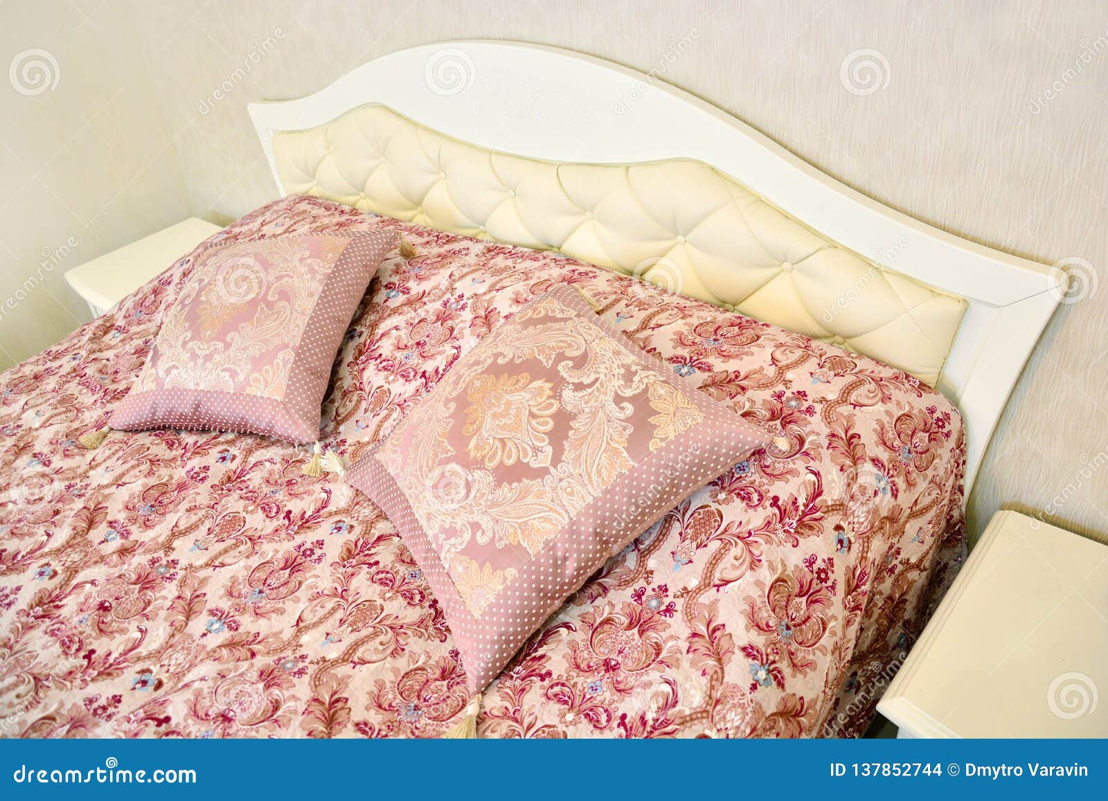 Luxury bed with pillows stock photo. Image of dormitory 137852744