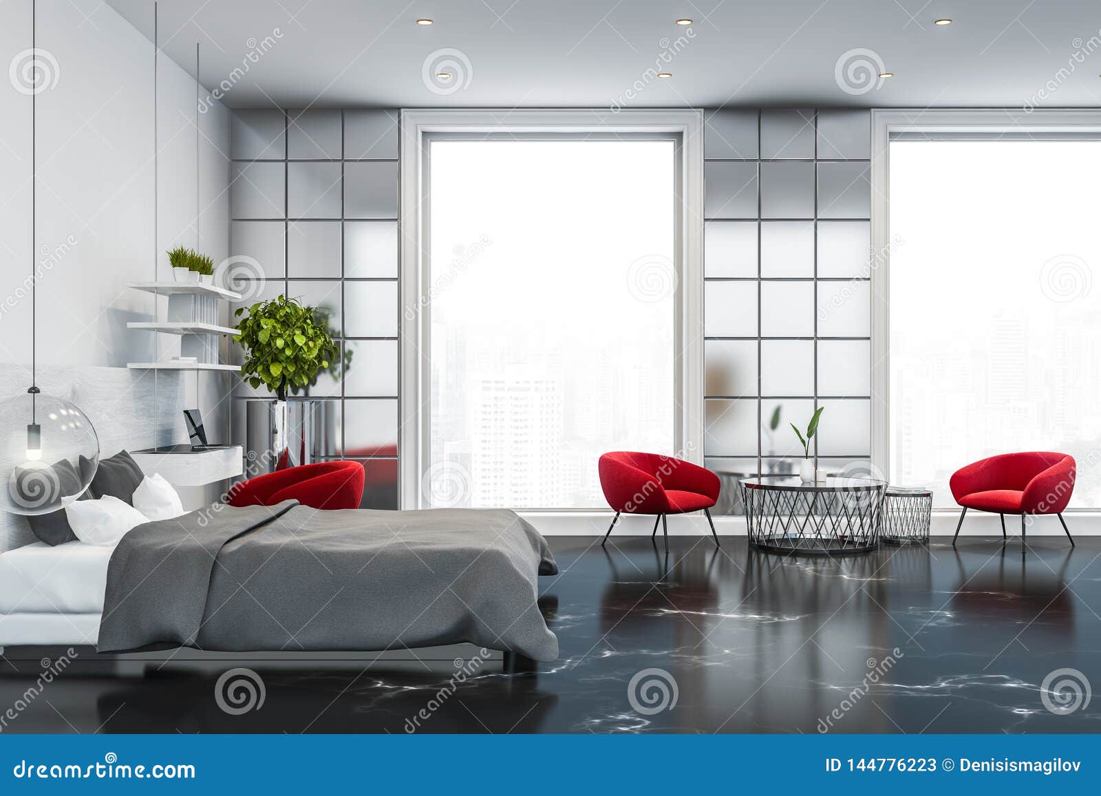 Luxury Bedroom With Coffee Table And Red Armchairs Stock Illustration Illustration Of Furniture