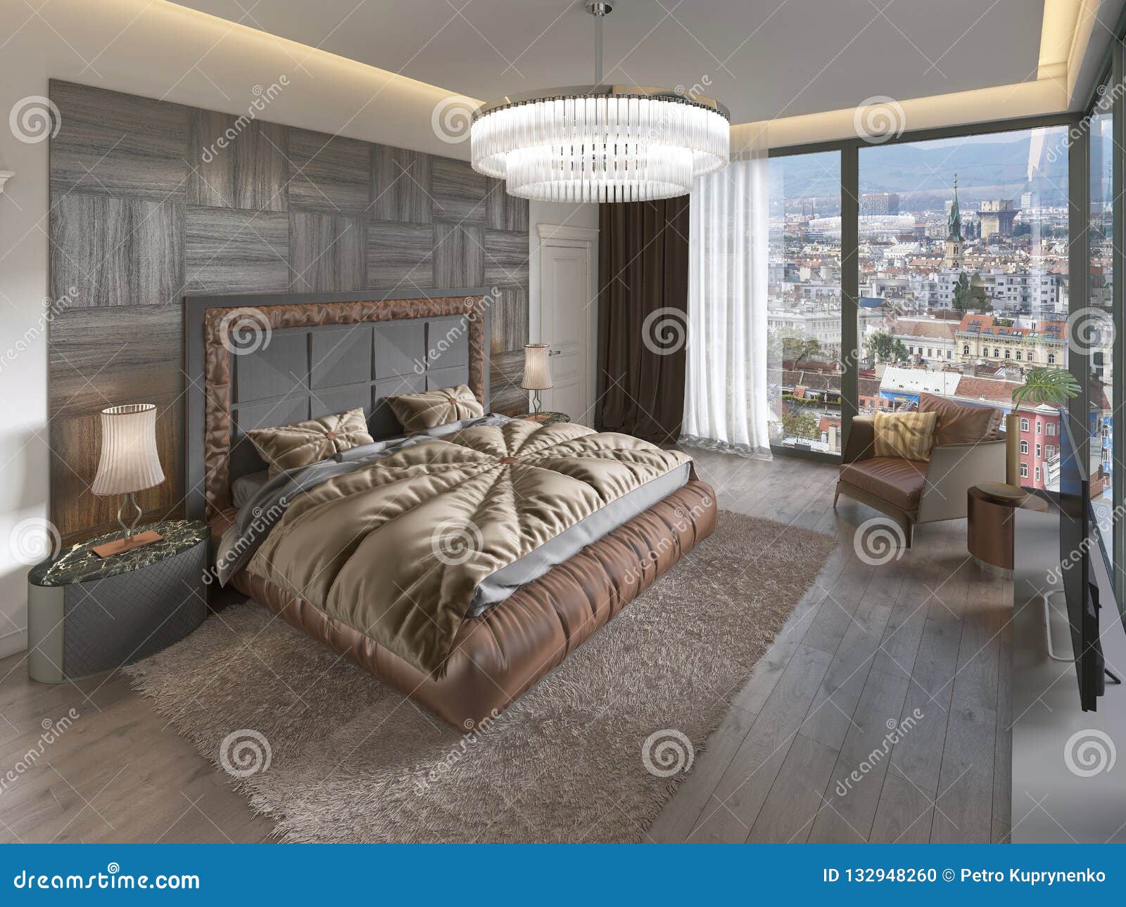 Luxury Bedroom Interior With Fabric Bed Dresser And Nightstands