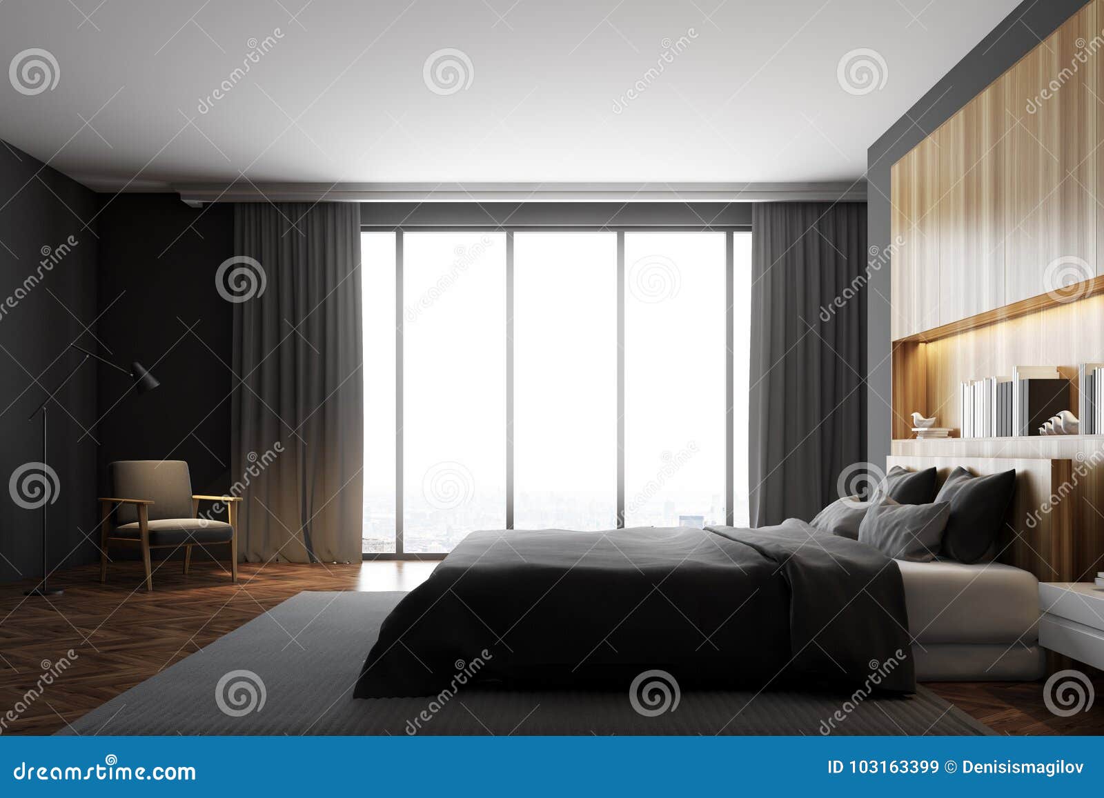 Gray And Wooden Bedroom Interior Window Stock Illustration