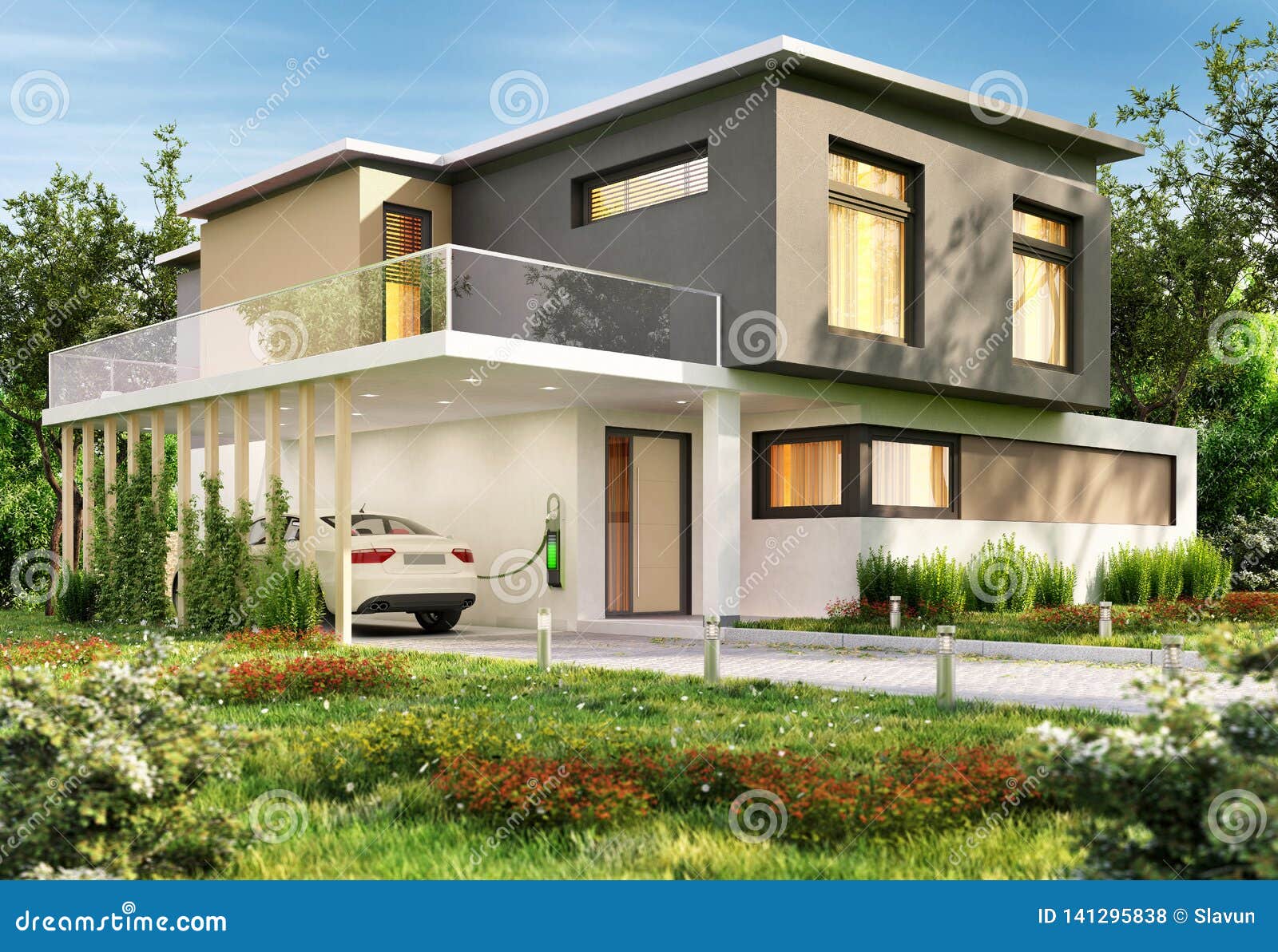 Luxury Modern House And Electric Car Stock Photo Image Of Electric Garage