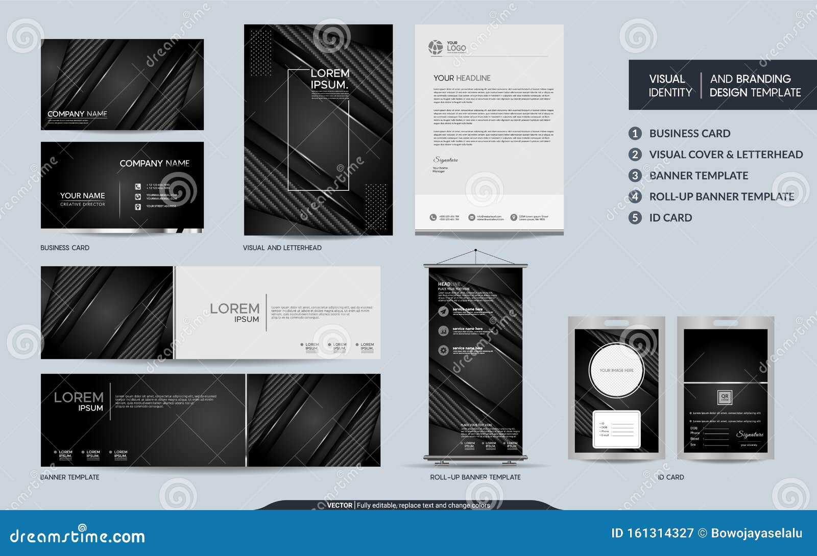luxury black carbon stationery mock up set and visual brand identity with abstract overlap layers background