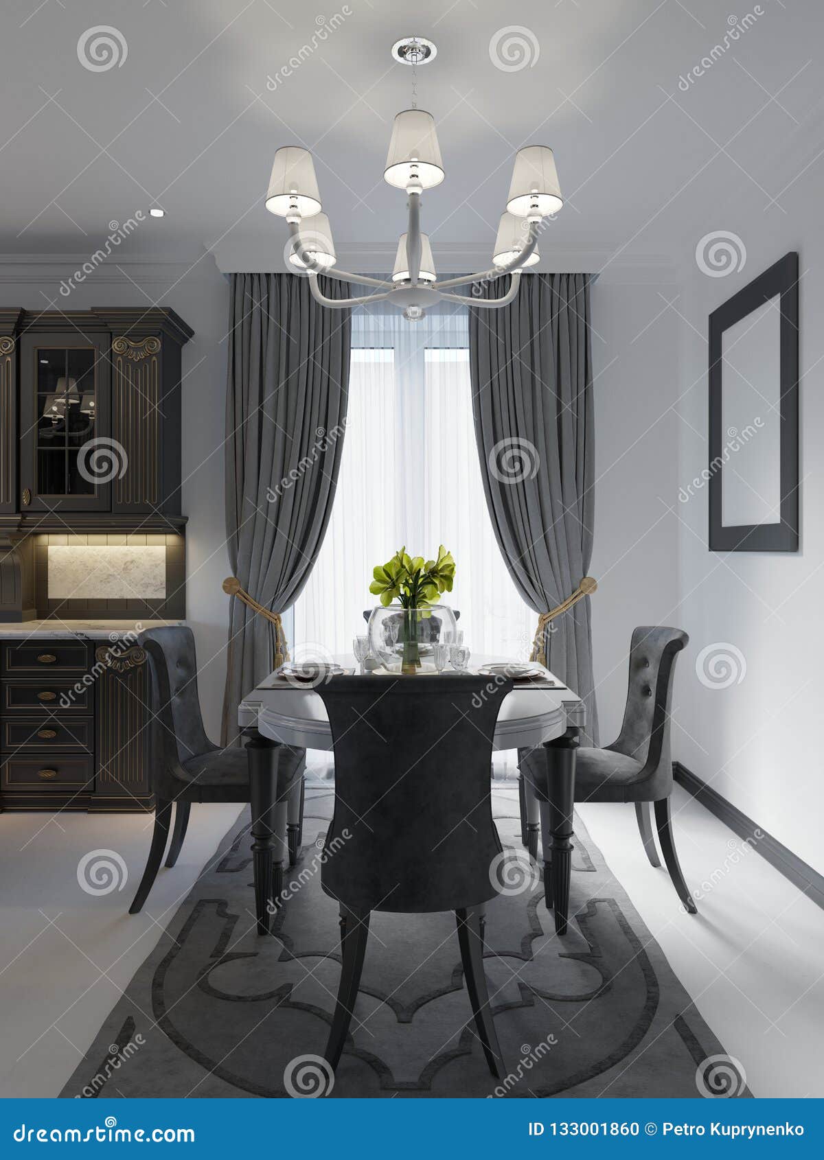 Luxury Black Dining Room With Dark Furniture White Marble Floor