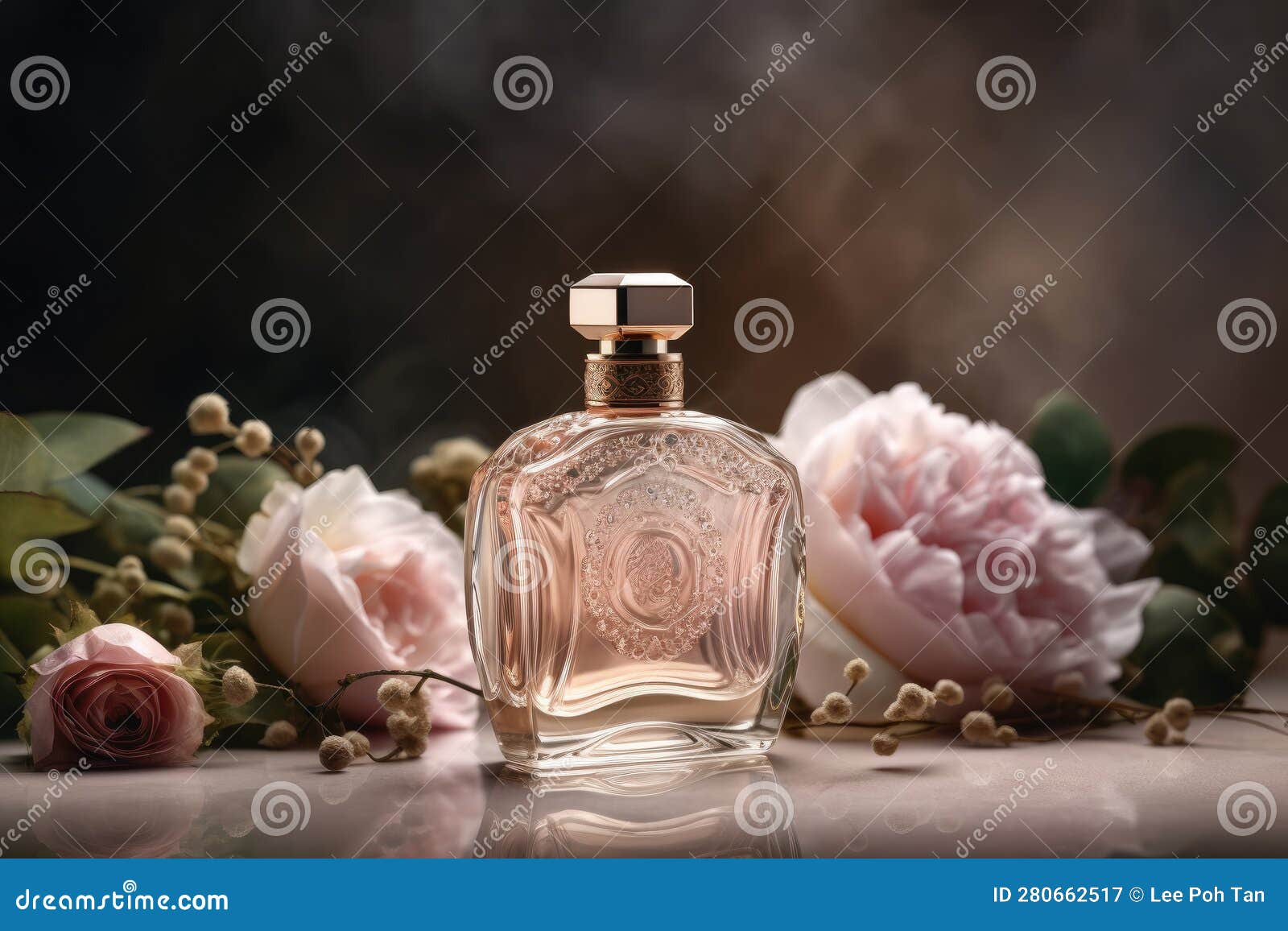 A Luxury Bottle of Perfume with Flowers Stock Illustration