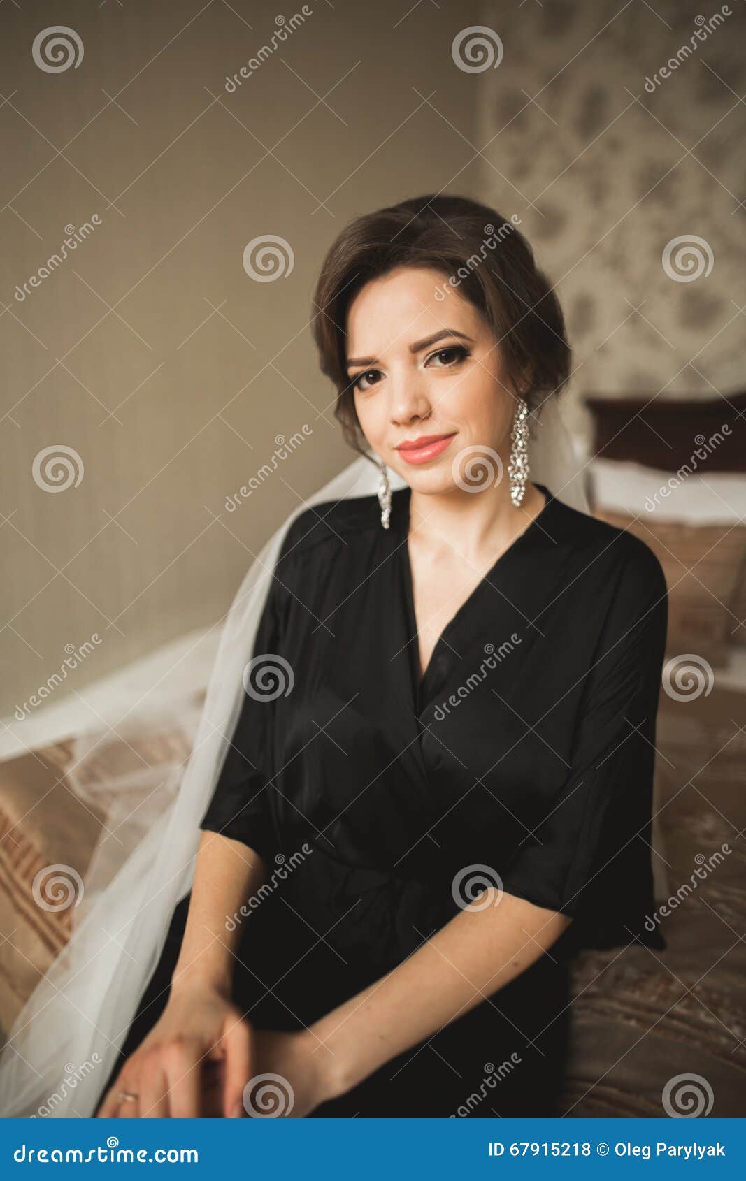 Luxury Bride in Black Robe Posing while Preparing for the Wedding Ceremony Stock Photo Image