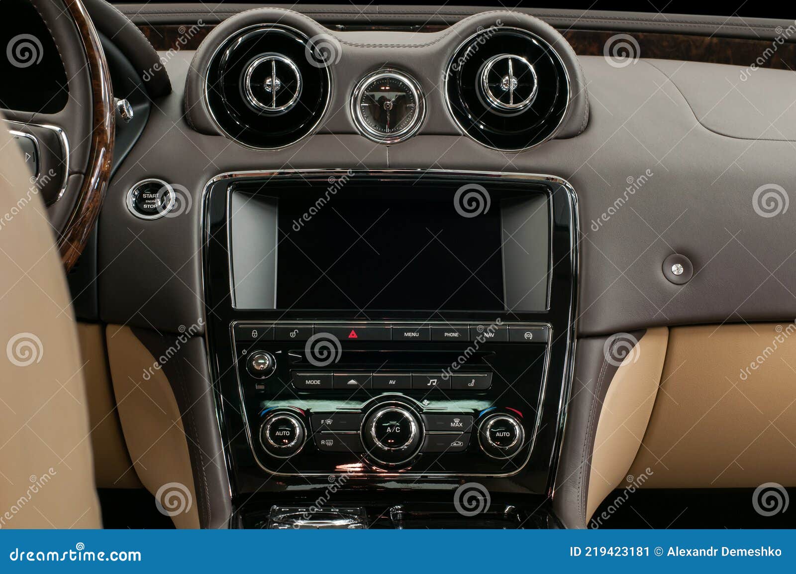 Luxury Car Interior. Multimedia Screen and Control Buttons. Stock Image Image of chrome