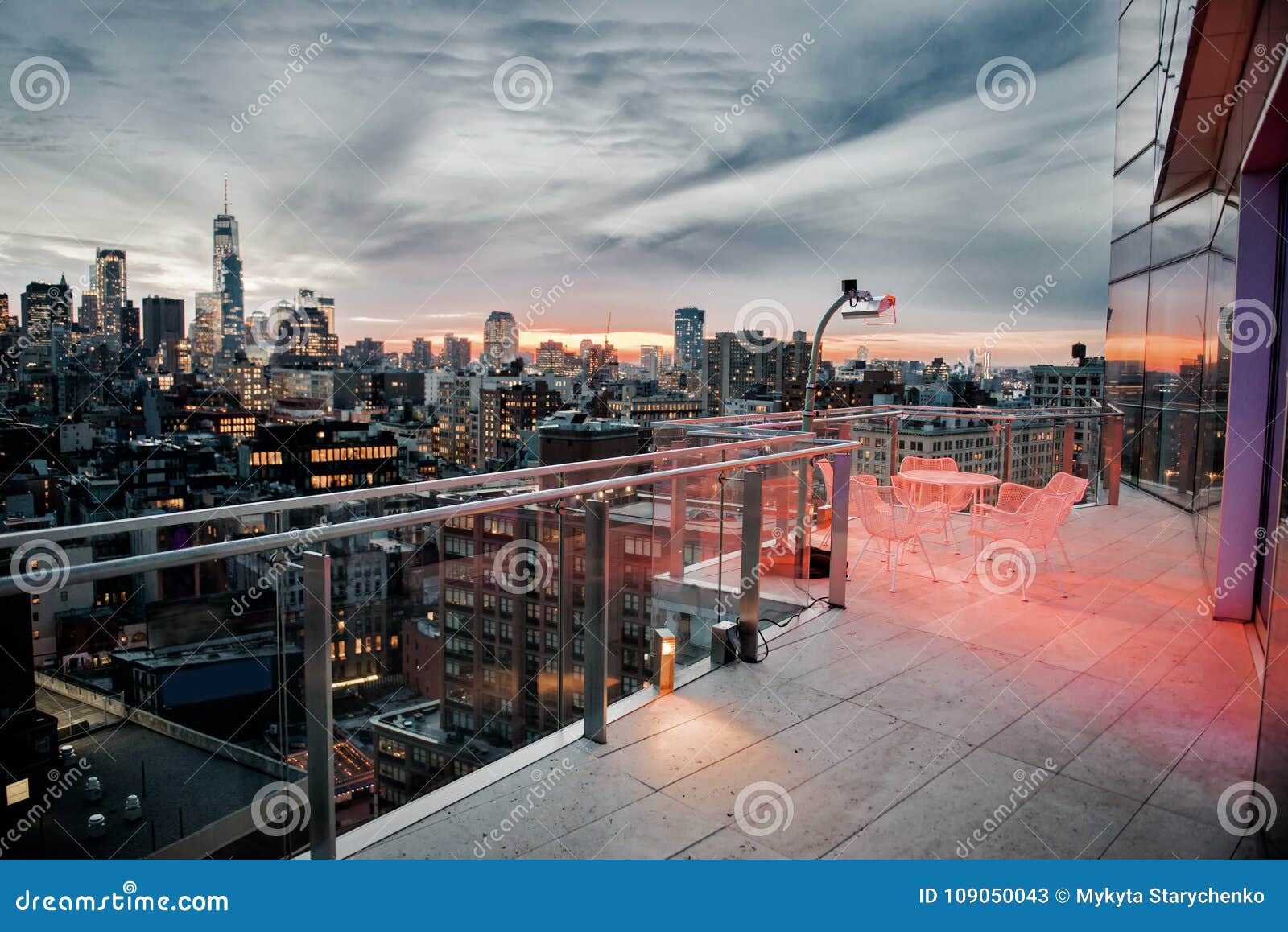 luxury city rooftop balcony with chilling area in new york city manhattan midtown. elite real estate concept.