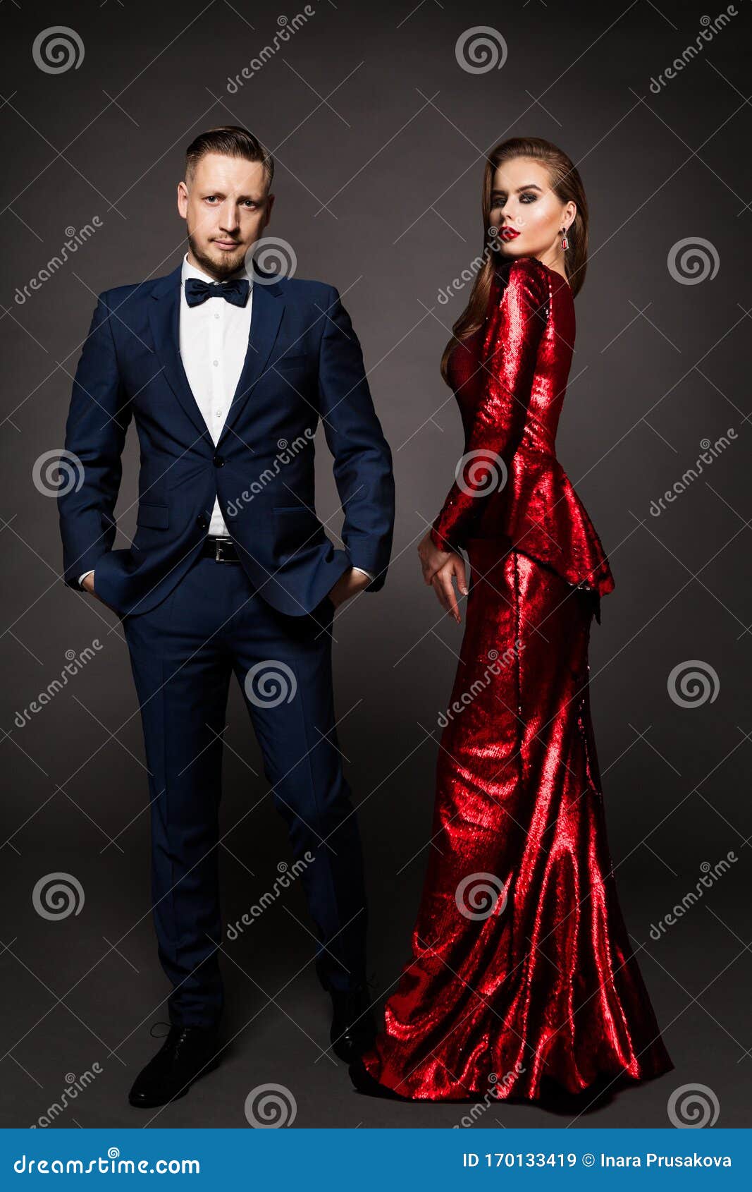 Luxury Couple, Beautiful Fashion Woman in Red Dress, Elegant Man