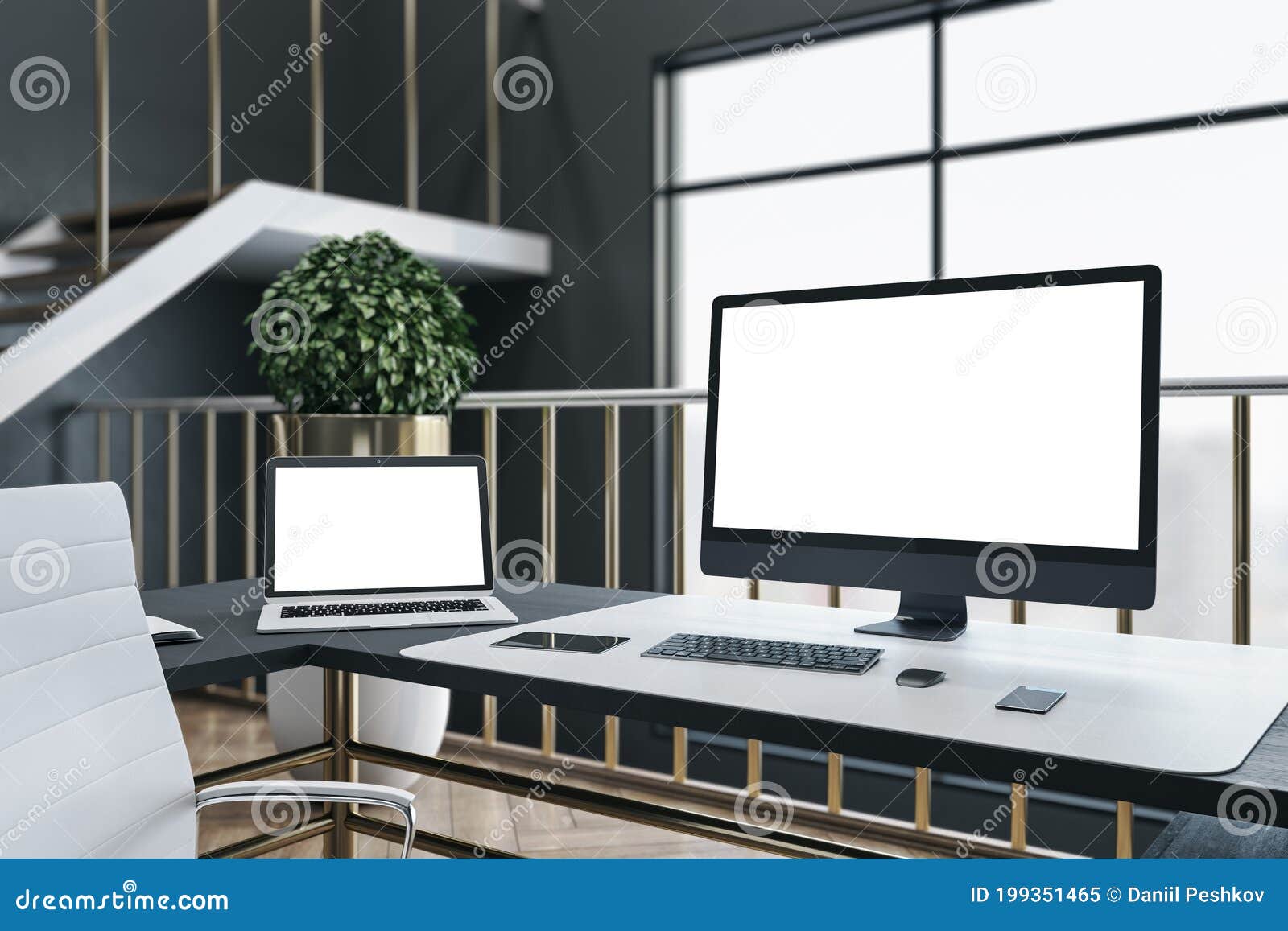 Luxury Director`s Workspace with Laptop and Computer on Table Stock