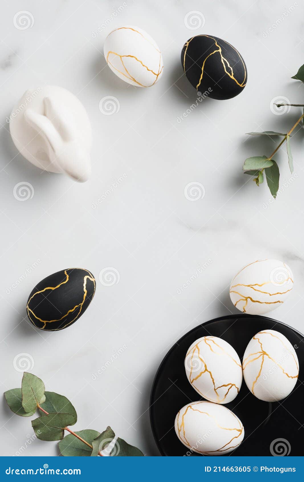 Luxury Easter Eggs Decorated Gold, Easter Bunny, Eucalyptus on Marble ...