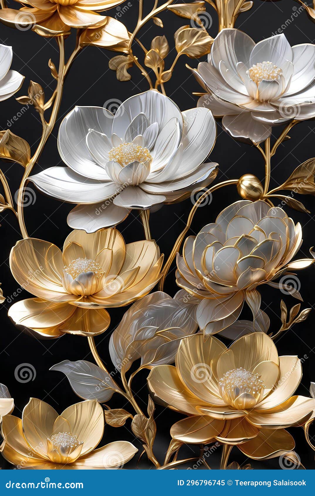 A Luxury Elegant Silver and Gold Flowers Stock Illustration