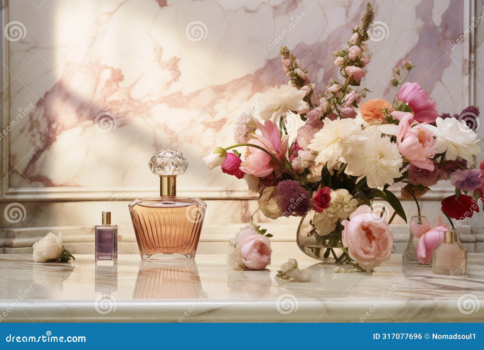 luxury fragrant perfume bottles in row with flower decoration. generative ai