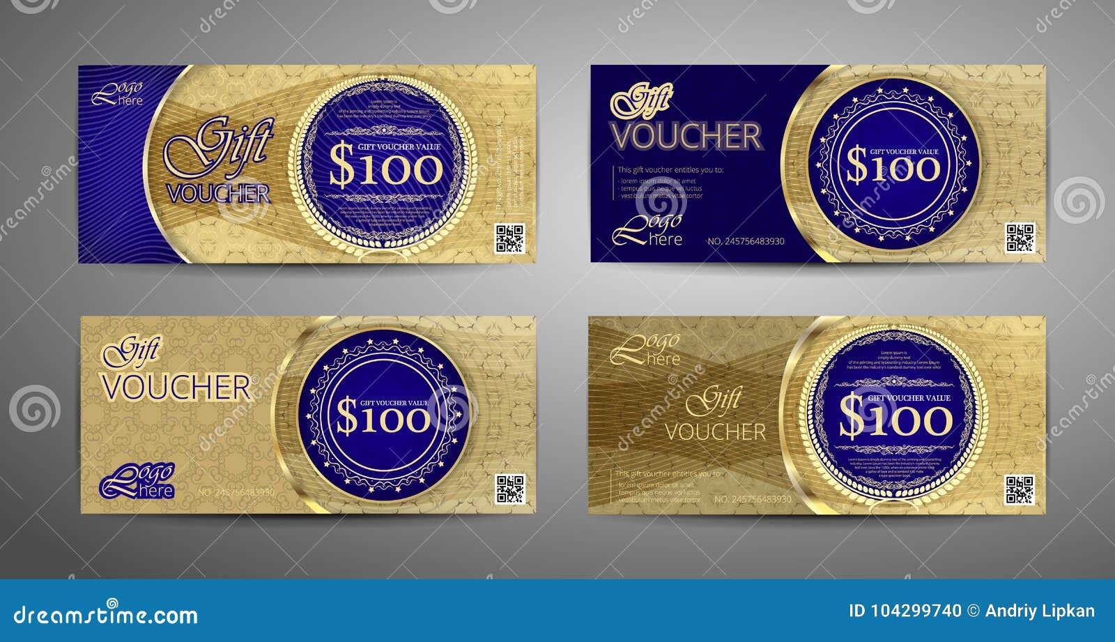 Luxury Gift Voucher Template Collection. Set of Blue and Gold Coupon Template Stock Vector