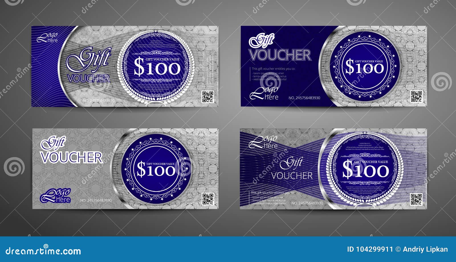 Luxury Gift Voucher Template Collection. Set of Blue and Silver Coupon Template Stock Vector