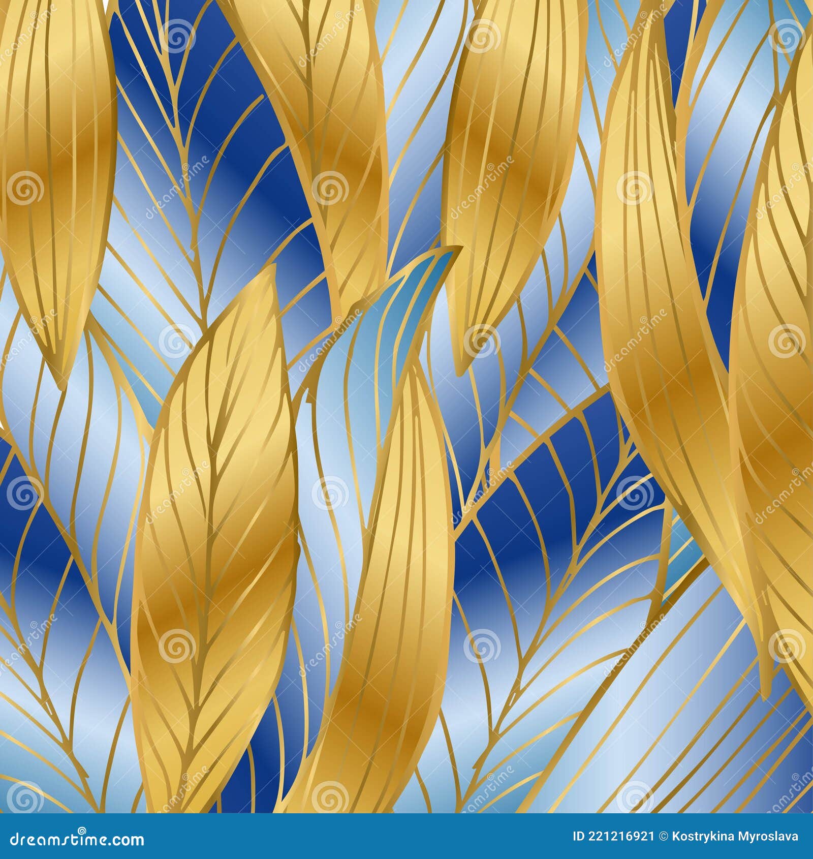 Luxury Gold and Bright Blue Background Vector. Floral Pattern, Golden
