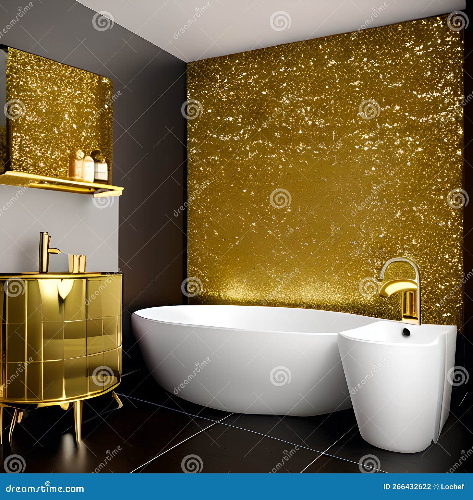 Luxury Golden Bathroom Render Artwork. Generated AI Stock Photo Image