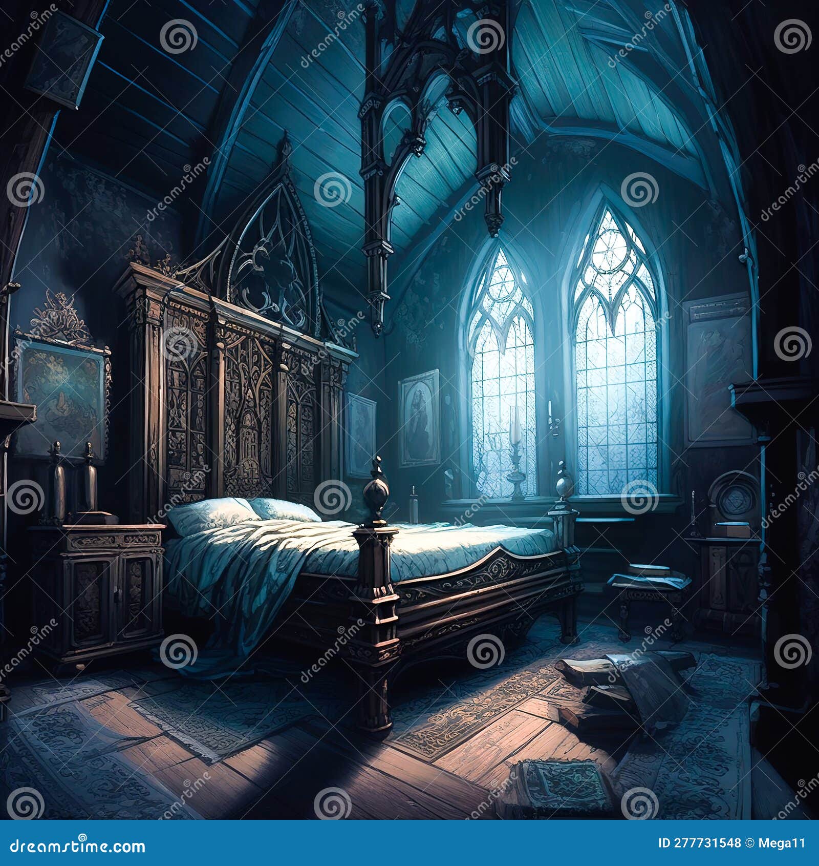 Generative AI Luxury Gothic Style Bedroom Interior. Black and Dark