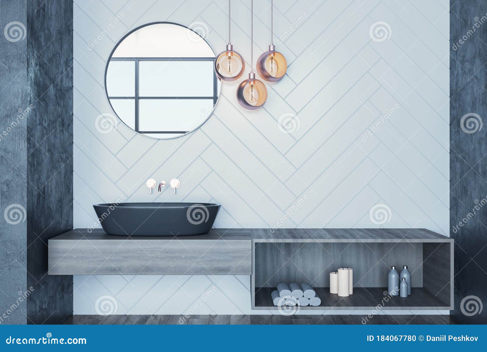 Luxury Gray Bathroom with Mirror and Comfortable Washbasin Stock