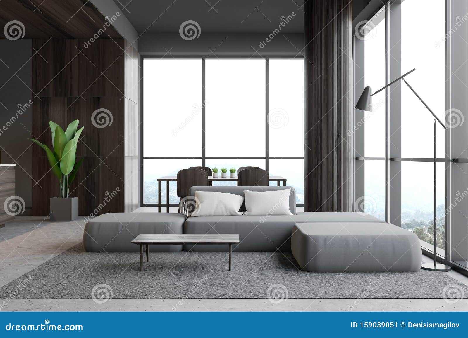 Luxury Gray Living Room With Dining Table Stock Illustration