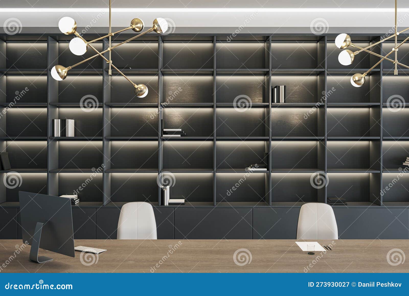 Luxury Gray Office Interior with Bookshelf and Desktop with Equipment