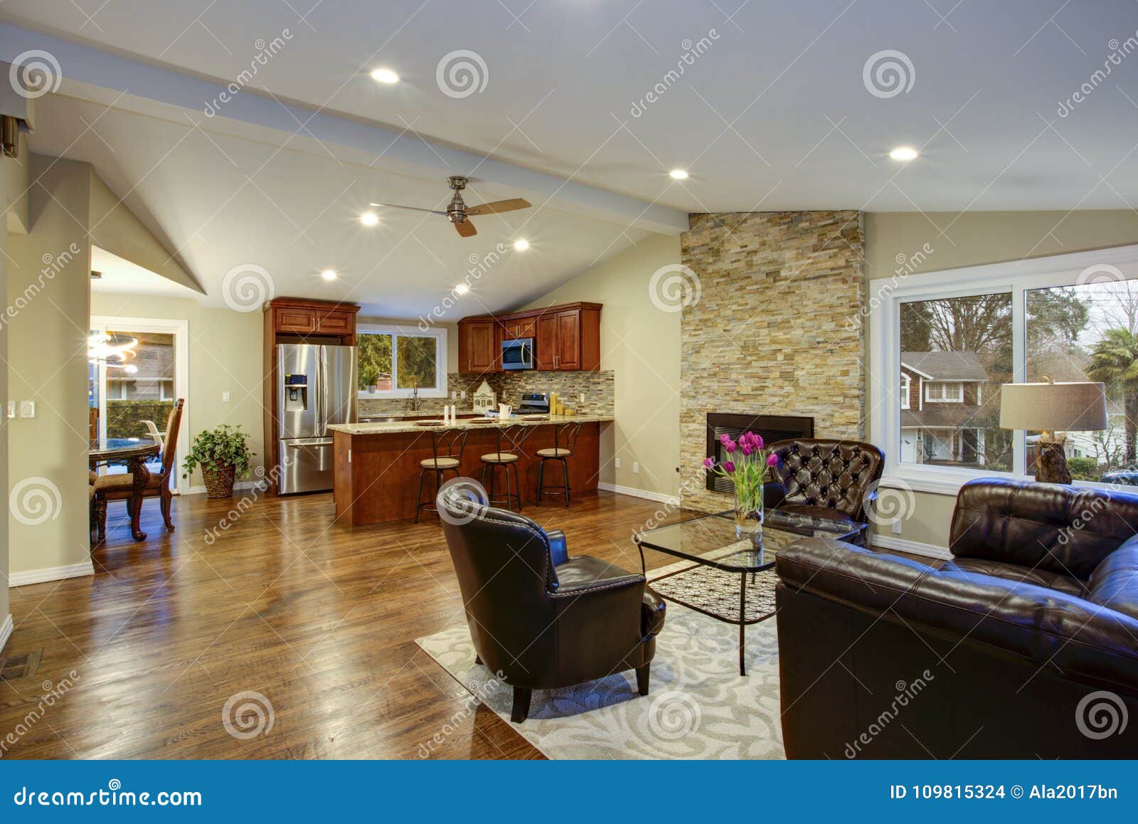 Luxury Great Room Design With Open Floor Plan Stock Photo Image