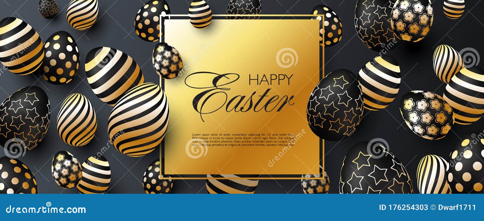 Luxury Happy Easter website header or banner template with realistic 3D black golden eggs on black striped background 