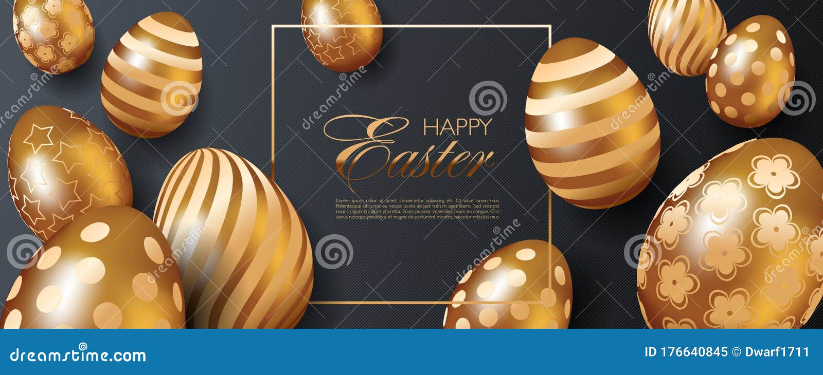 Luxury Happy Easter website header or banner template with realistic 3D golden eggs on black striped background 