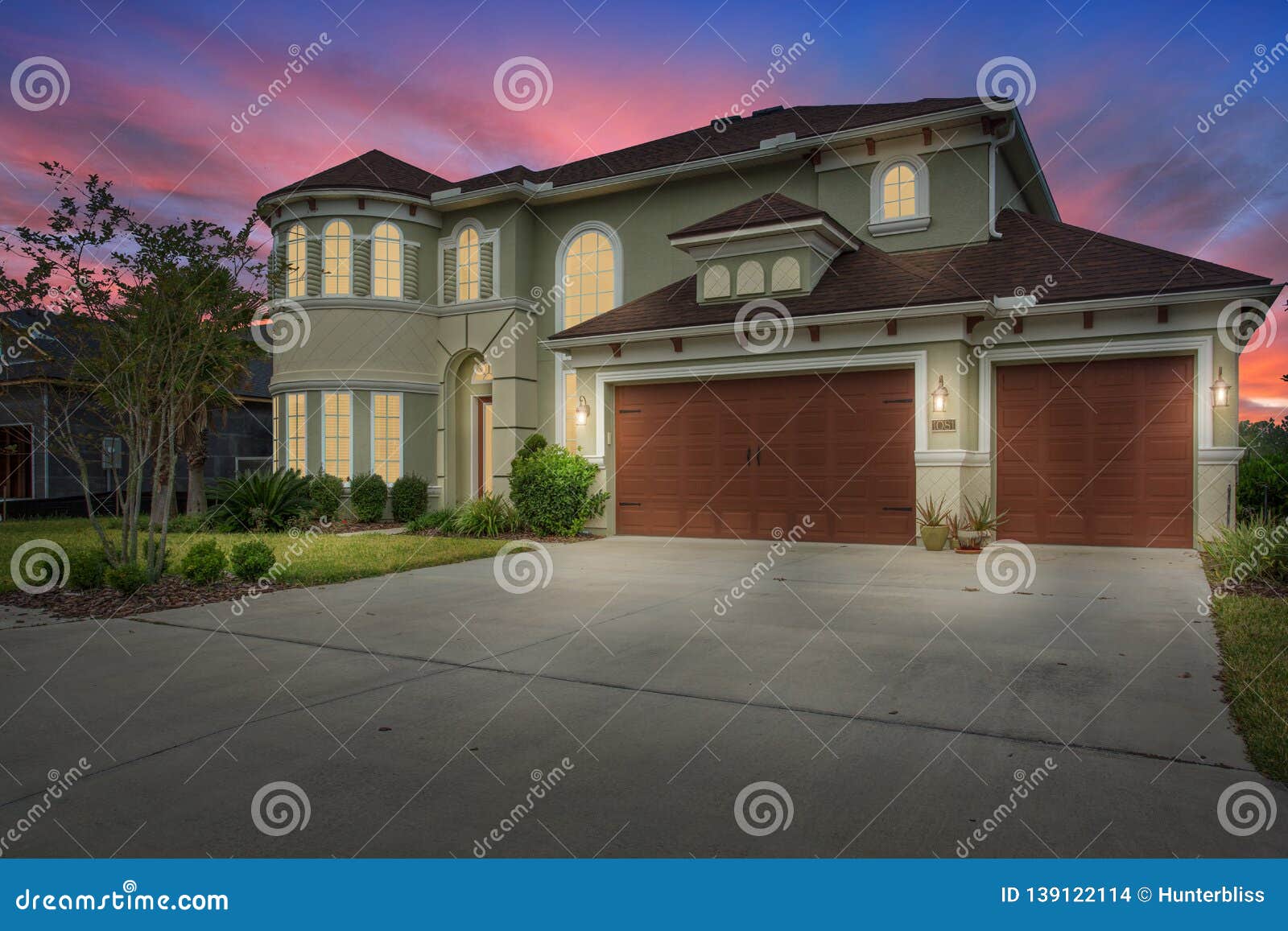 Luxury Home Exterior Dusk Dawn Night Lawn Sunset Interior Lights Turned