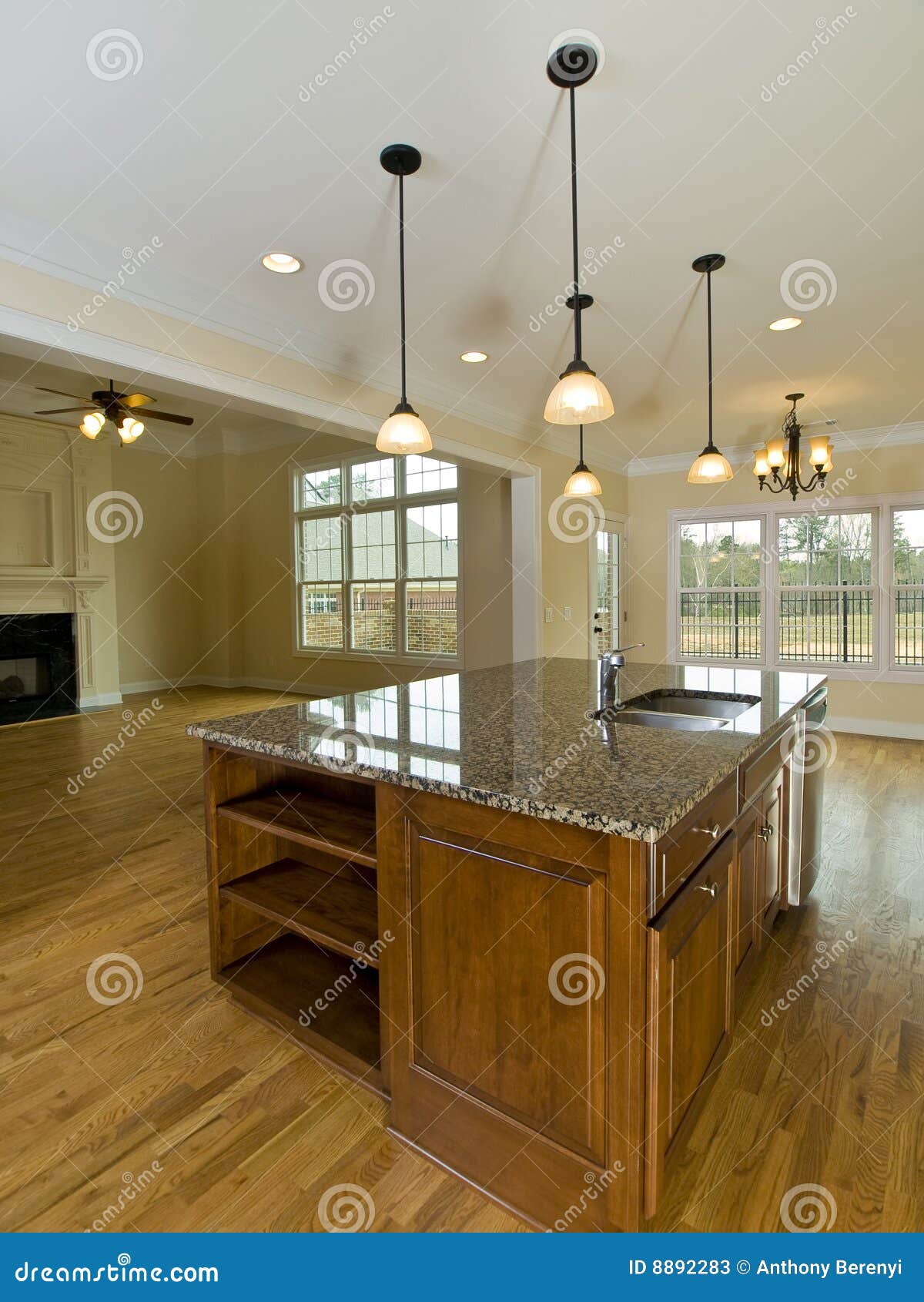 Luxury Home Kitchen Island with Hanging Lights Stock Image Image of