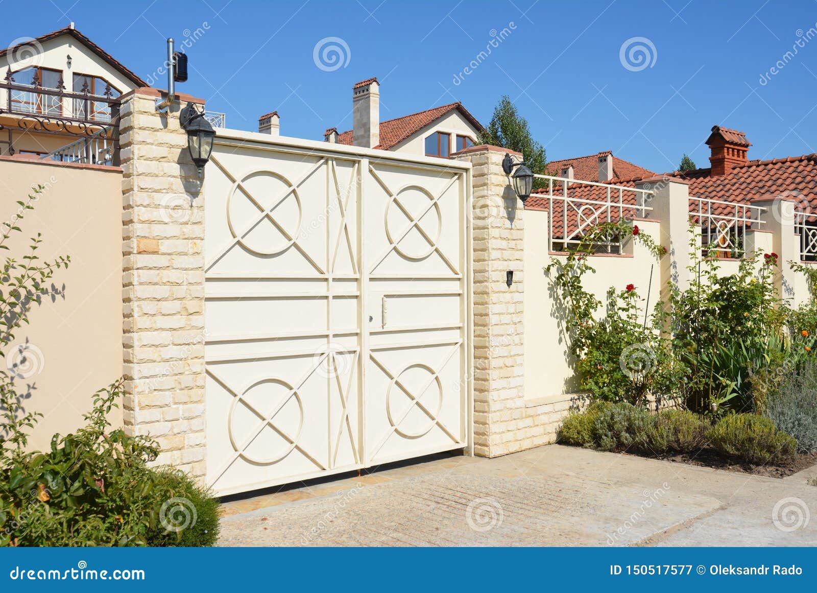 Luxury House Fence with Car Garage Gate Stock Image - Image of street