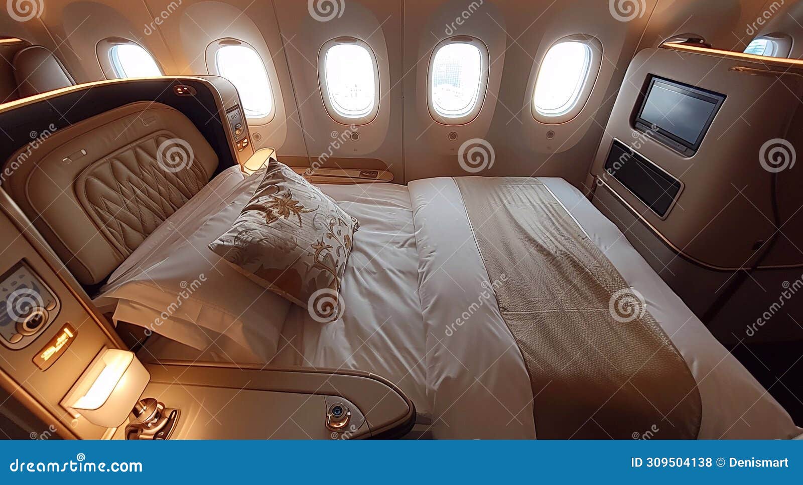 luxury interior of business first class airplane or private jet with double bed in prive room.macro.ai generative